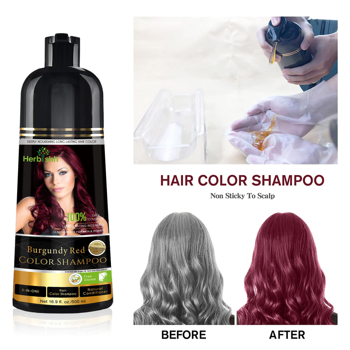 Herbishh color shampoo applying to roots for quick mid-week refresh.