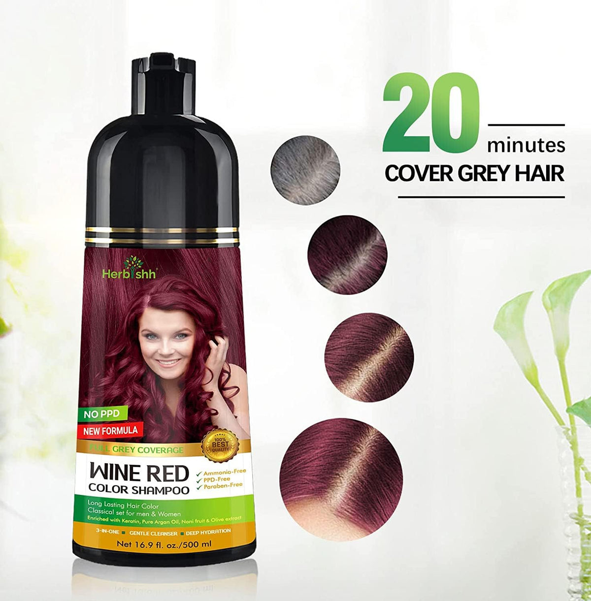 Close-up of wine red shade transforming gray hair.