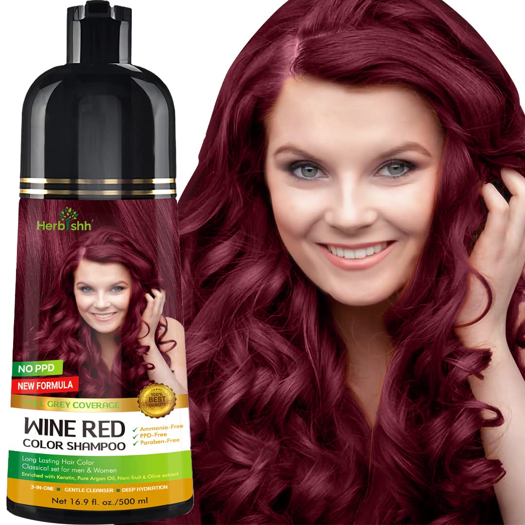 Herbishh Color Shampoo wine red bottle, quick gray coverage in minutes.