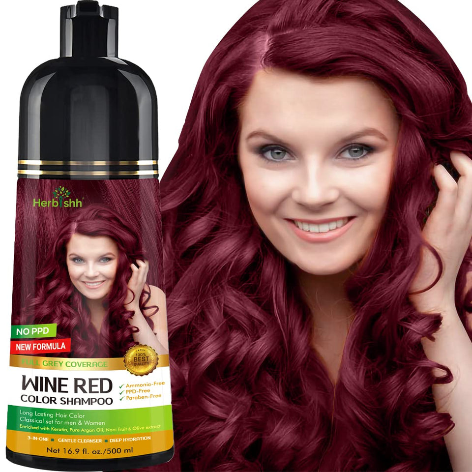 Herbishh Color Shampoo wine red bottle, quick gray coverage in minutes.