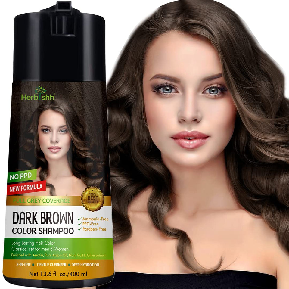 Herbishh Dark Brown Hair Dye Shampoo bottle packshot for gray coverage.