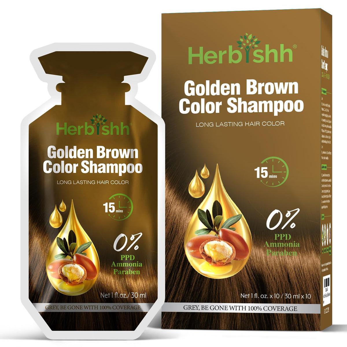 Herbishh Golden Brown Hair Dye Shampoo bottle pour for even gray coverage.