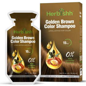 Herbishh Golden Brown Hair Dye Shampoo bottle pour for even gray coverage.