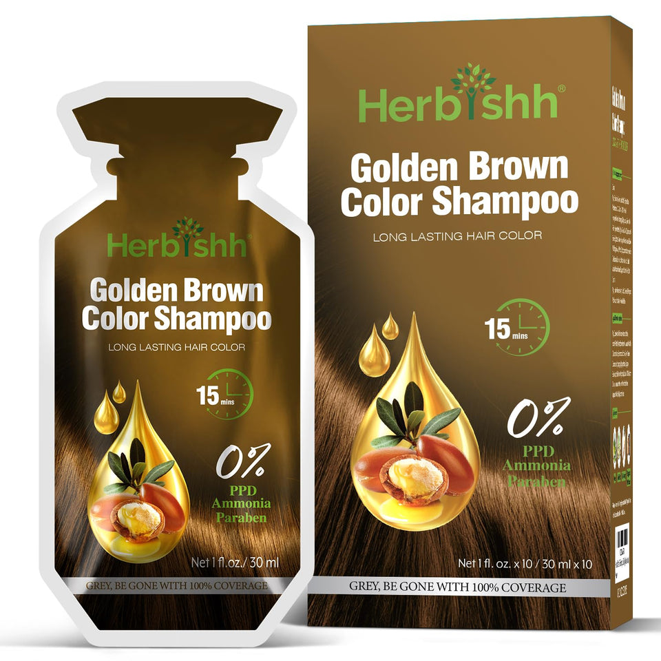 Herbishh Golden Brown Hair Dye Shampoo bottle pour for even gray coverage.