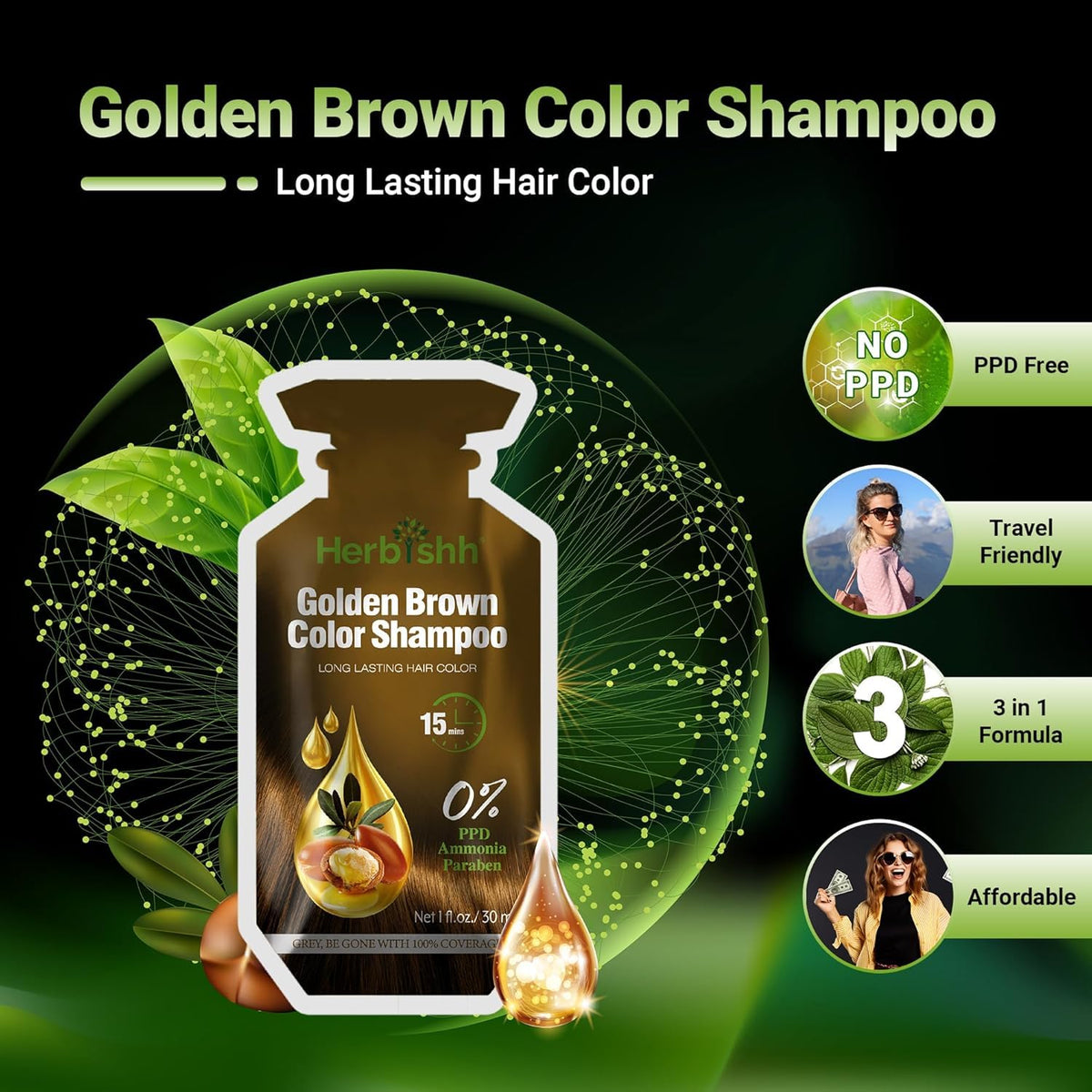 Herbishh Golden Brown Hair Dye Shampoo gray coverage application for even tone.