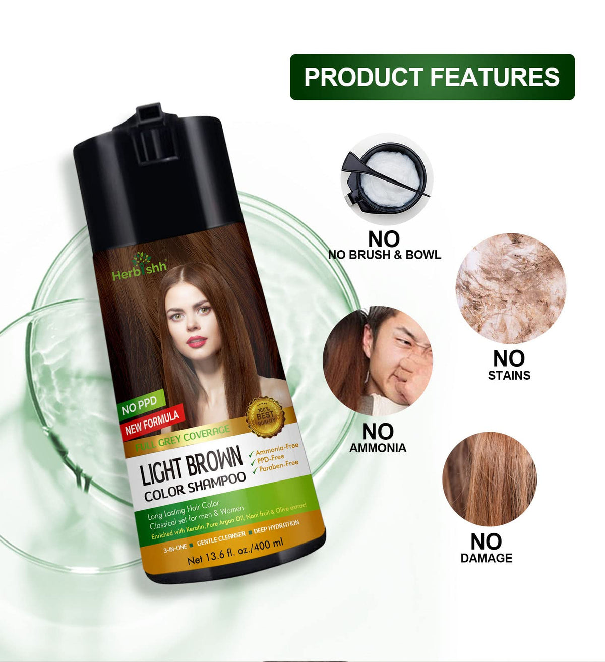 Herbishh Hair Color Shampoo light brown shade option suits natural hair tones.