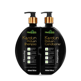 Herbishh keratin shampoo bottle for frizz control and color-treated hair.