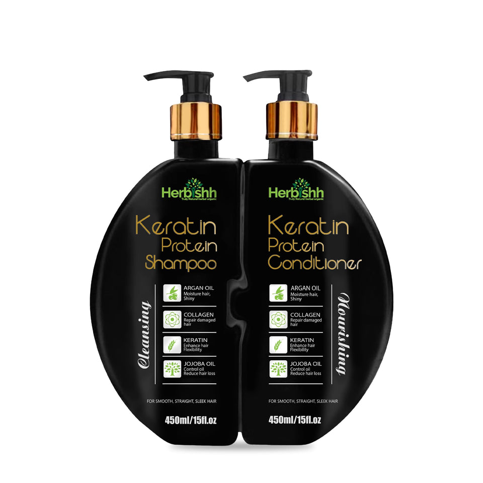 Herbishh keratin shampoo bottle for frizz control and color-treated hair.