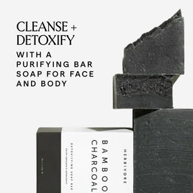 HERBIVORE bamboo-charcoal-tea-tree bar clarifies pores for daily cleansing.