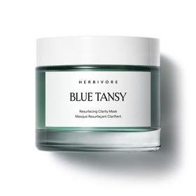HERBIVORE Blue Tansy Resurfacing Mask jar shows gel texture for pore refinement.