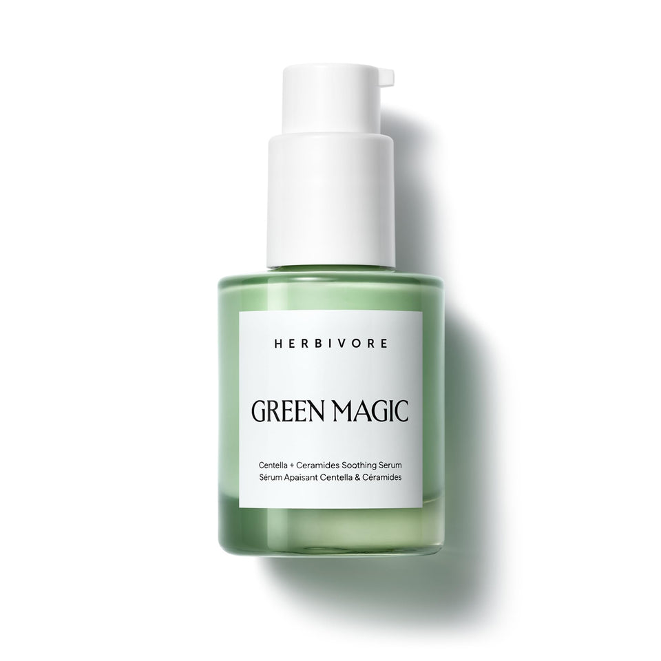 HERBIVORE Green Magic Cica Ceramides bottle pour shows a calming, fast absorbing serum.