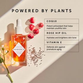 Close-up of dropper releasing Phoenix Oil—antioxidant-rich nourishment for aging concerns.