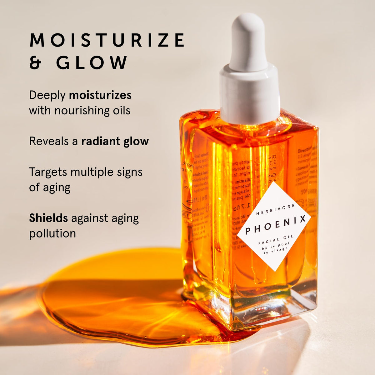 Phoenix Facial Oil texture pouring onto skin—instantly adds moisture and glow.