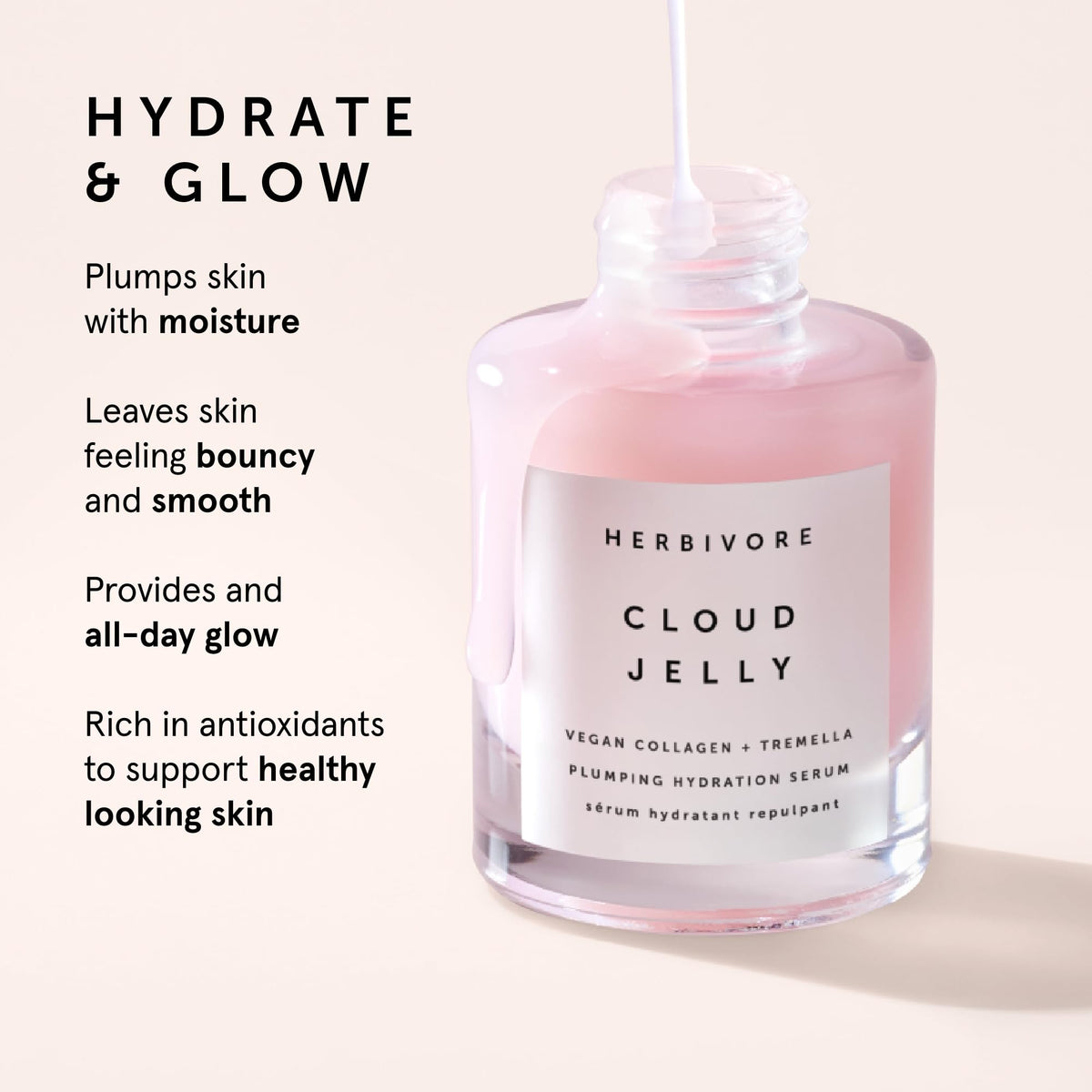HERBIVORE Skin In The Clouds serum visual highlighting jelly texture and hydration boost.