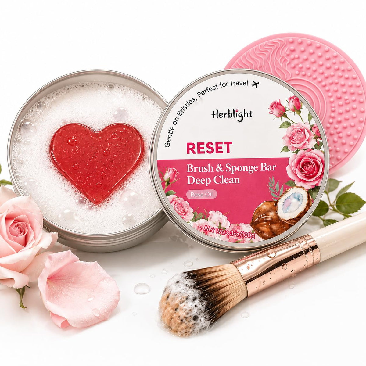 Herblight rose conditioning makeup brush cleaner soap in a tin for deep cleansing and bristle conditioning.