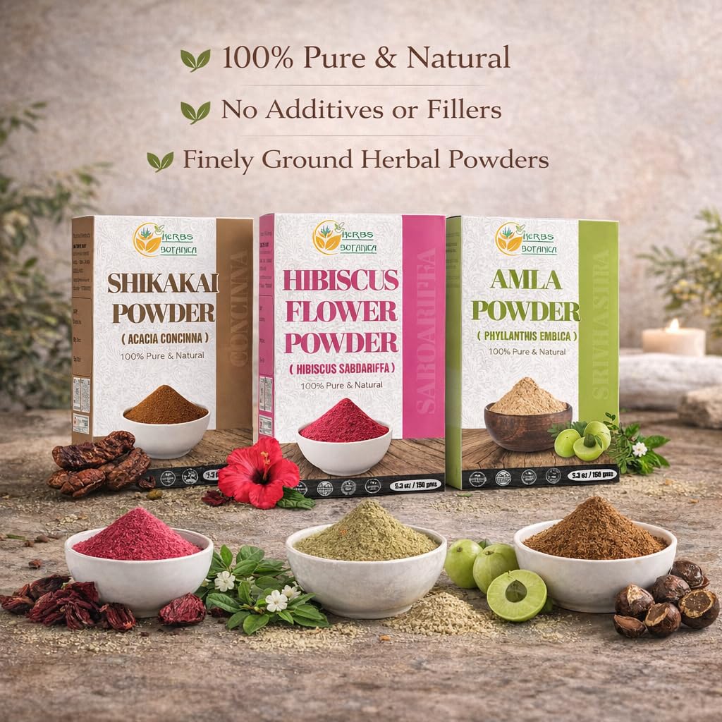 Herbs Botanica reetha-shikakai powders with spoon for weekly masque.