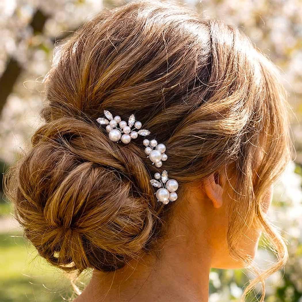 Heread Pearl Bride hair pin front view with pearl and crystal for a refined wedding day look
