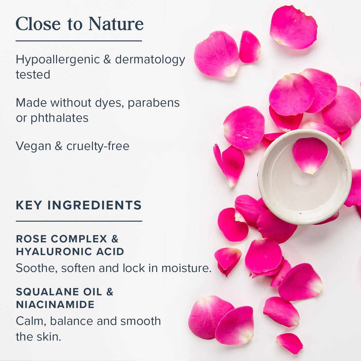 Heritage Store packaging with rose petals conveys soothing hydration and natural care.