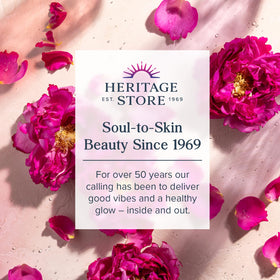 Close-up shows the lightweight gel texture of HERITAGE STORE Rosewater Moisturizer for soothing hydration.