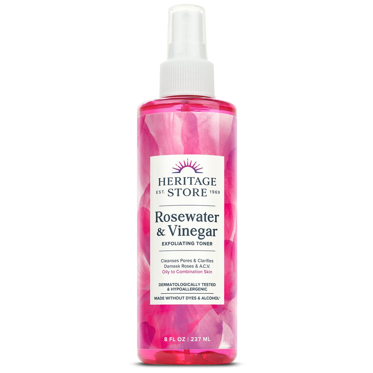 HERITAGE STORE Rosewater and Vinegar toner bottle for gentle exfoliation and oil balance.