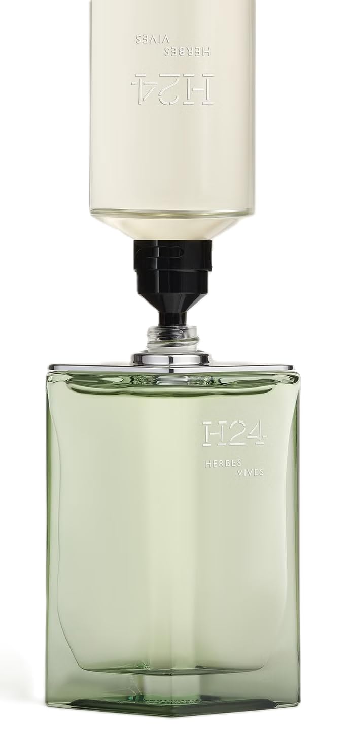 Hermès H24 Herbes Vives bottle pour demonstrates easy application for on the go scent.