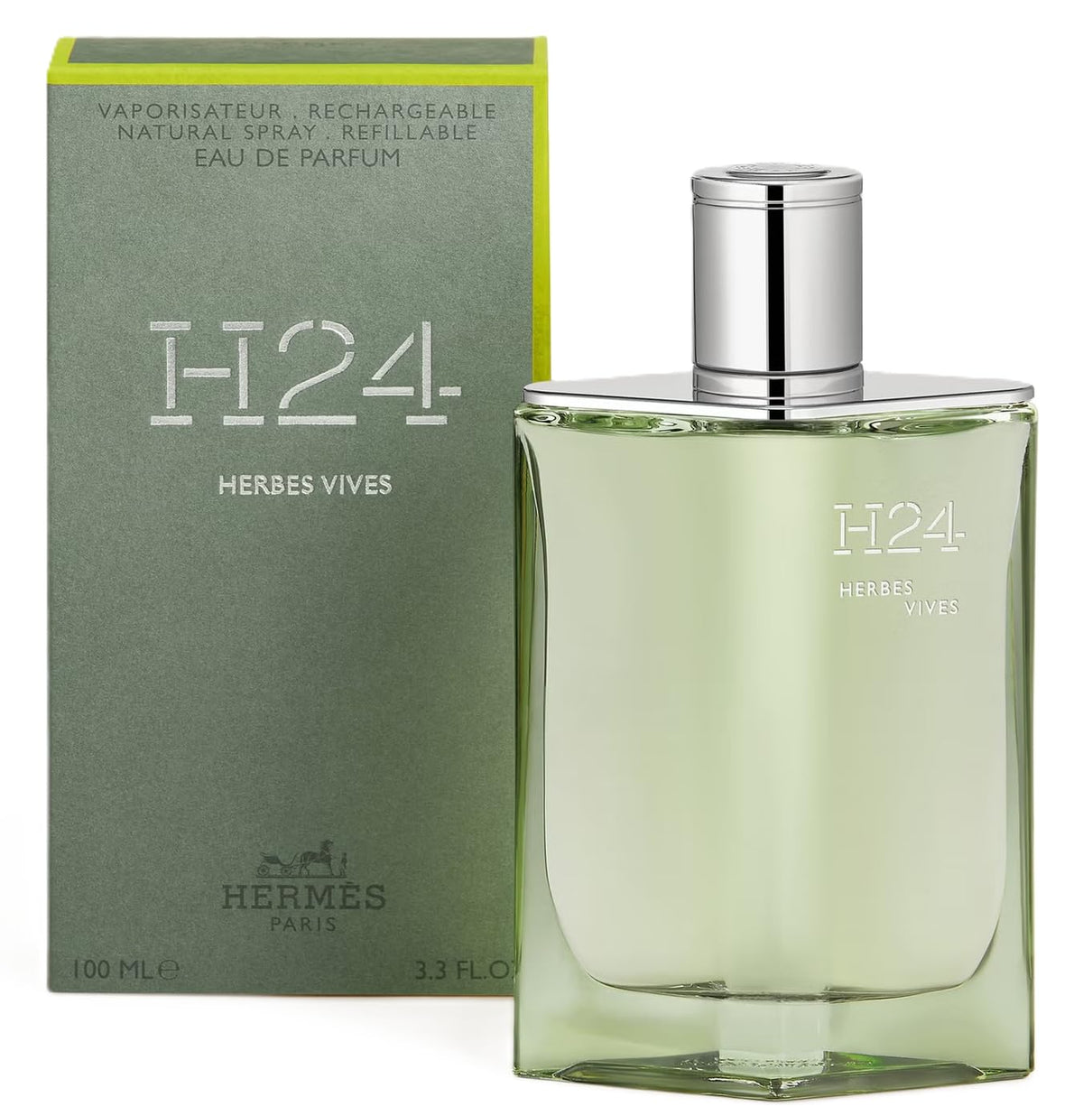 Hermès H24 Herbes Vives refillable spray packaging supports sustainable wear.