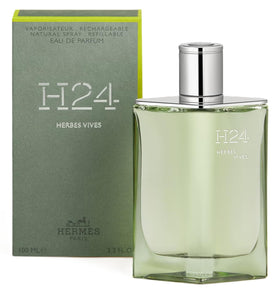 Hermès H24 Herbes Vives refillable spray packaging supports sustainable wear.
