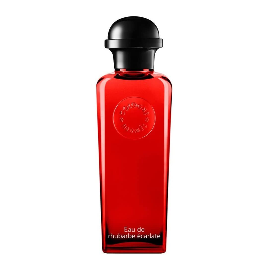 Hermès Rhubarbe Ecarlate bottle side view shows elegant packaging and refreshing aroma