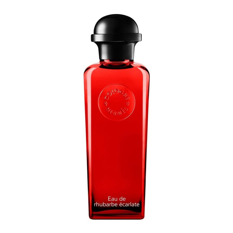 Hermès Rhubarbe Ecarlate bottle top view highlights citrus freshness for daily wear