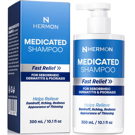 Hermon medicated shampoo bottle pour demonstrates targeted scalp care.