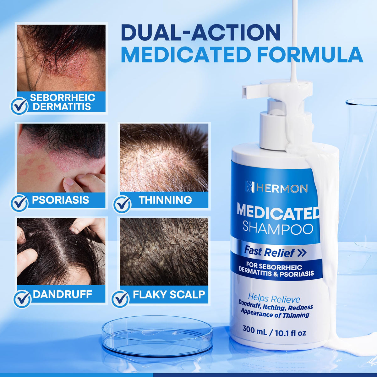 Hermon scalp application demonstrates even distribution for thorough cleansing.