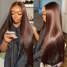 Hermosa 13x4 HD lace front brown 30in straight wig with natural part and realistic scalp