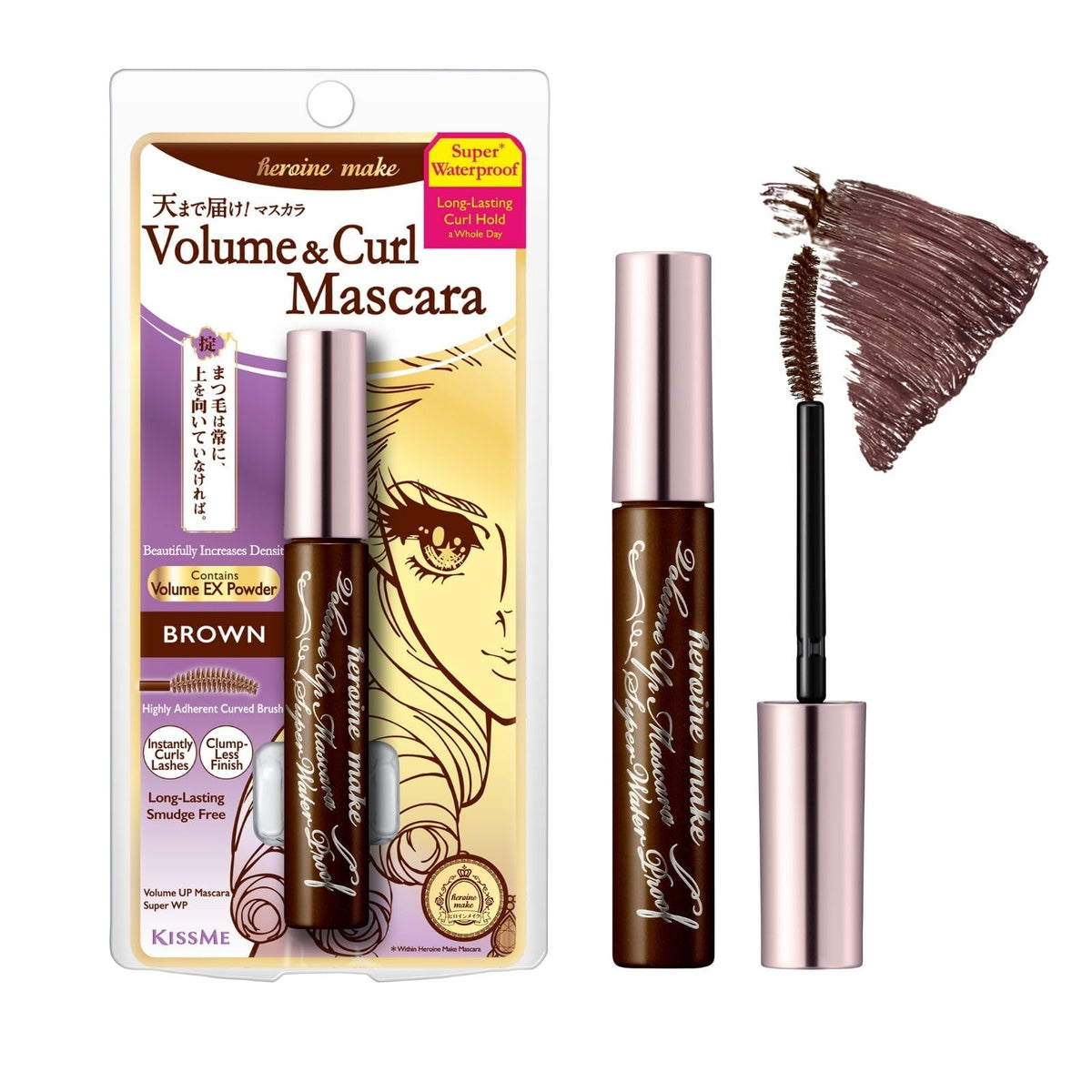 Heroine Make Volume Up Mascara bottle showing long-lasting waterproof formula for defined lashes.