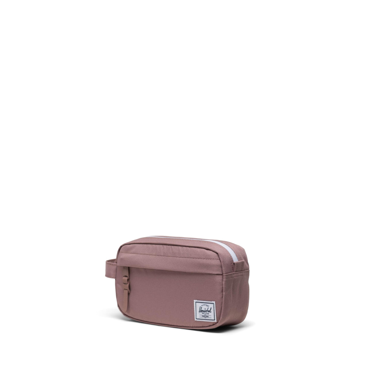 Herschel Chapter small travel kit side view highlights a convenient side handle for carrying