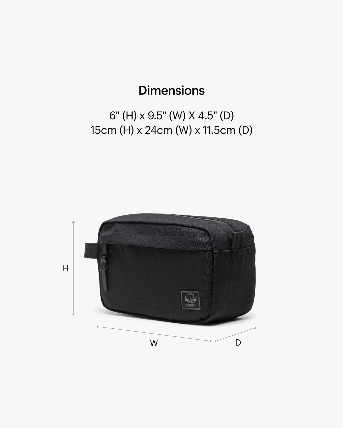 Herschel Chapter Small Travel Kit side view with convenient carry handle.