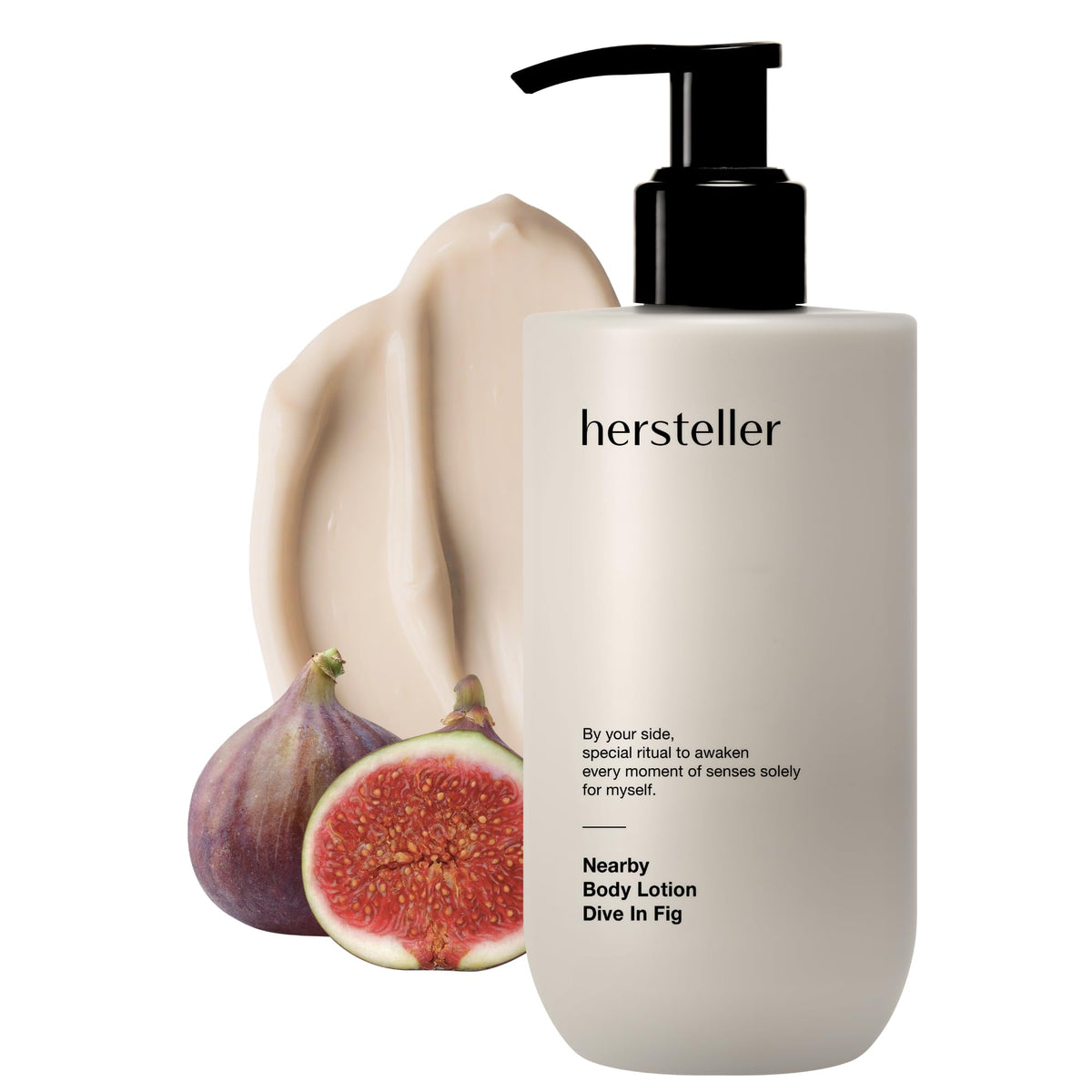 Hersteller Nearby Dive in Fig lotion bottle demonstrates daily moisturizing comfort.