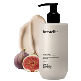 Hersteller Nearby Dive in Fig lotion bottle demonstrates daily moisturizing comfort.