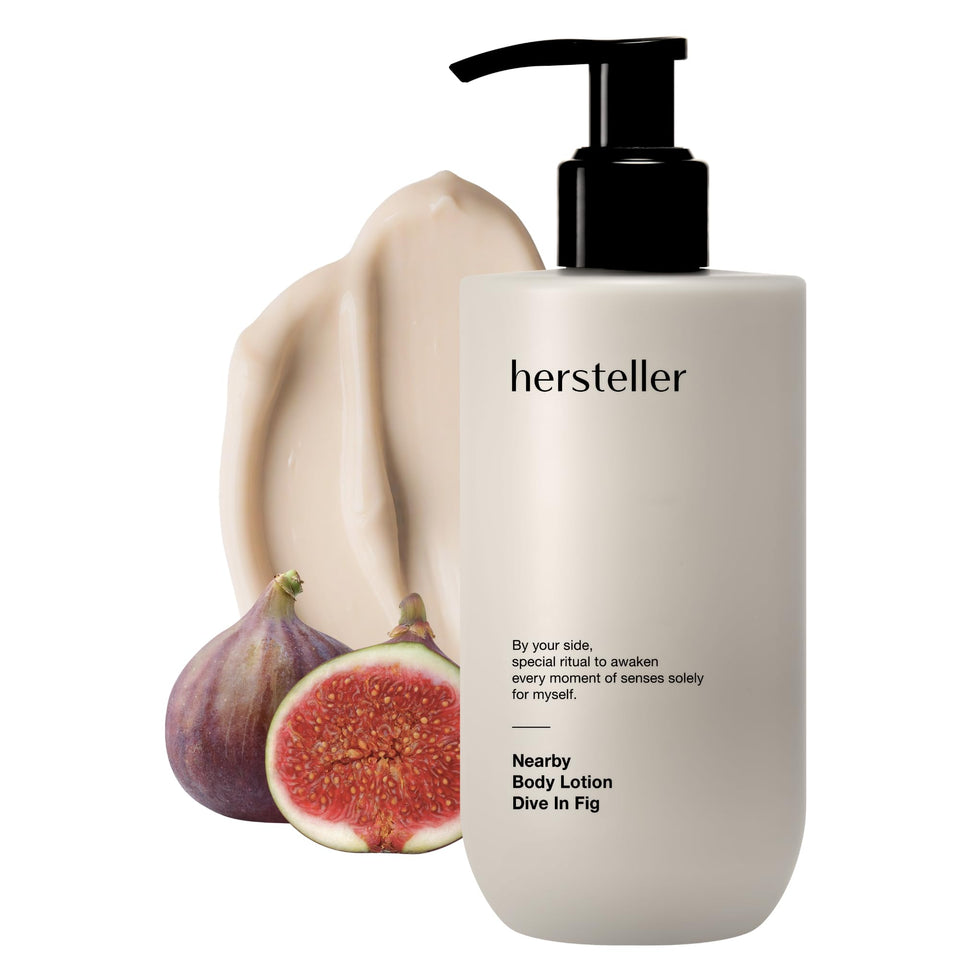 Hersteller Nearby Dive in Fig lotion bottle demonstrates daily moisturizing comfort.