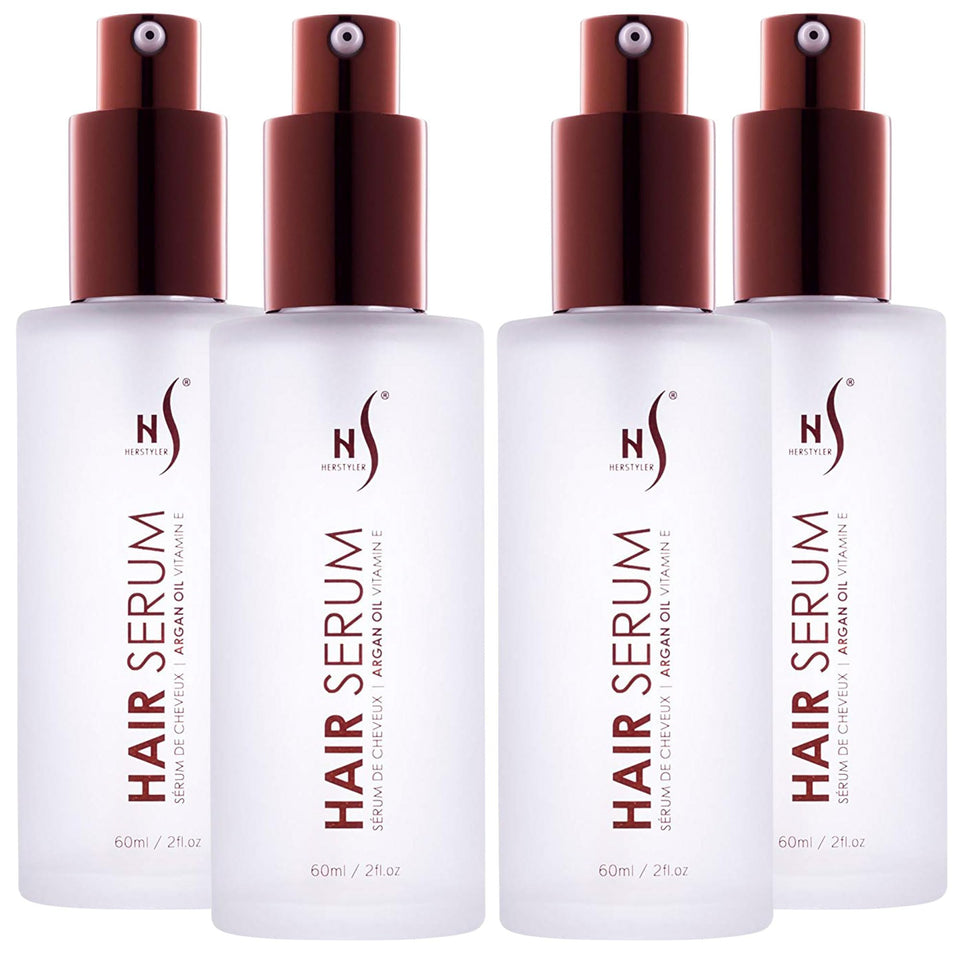 HerStyler Hair Repair Serum bottle shows lightweight shine and frizz control