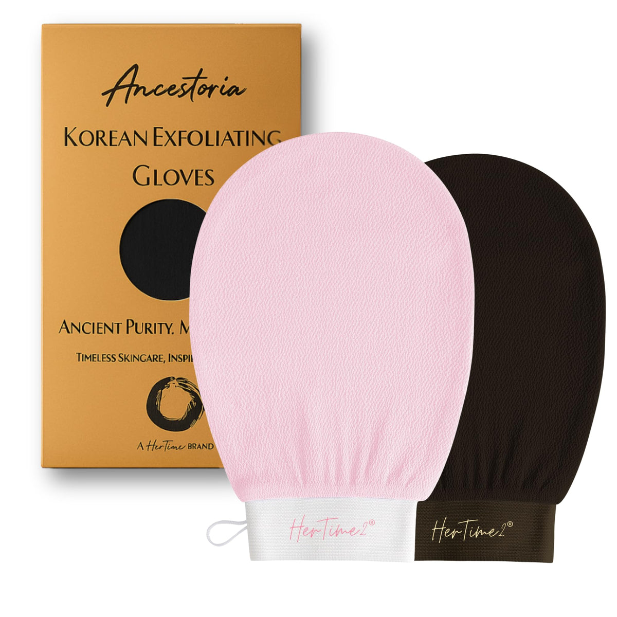 HerTime2 Ancestoria exfoliating gloves pink 2-pack for smoother, refreshed skin
