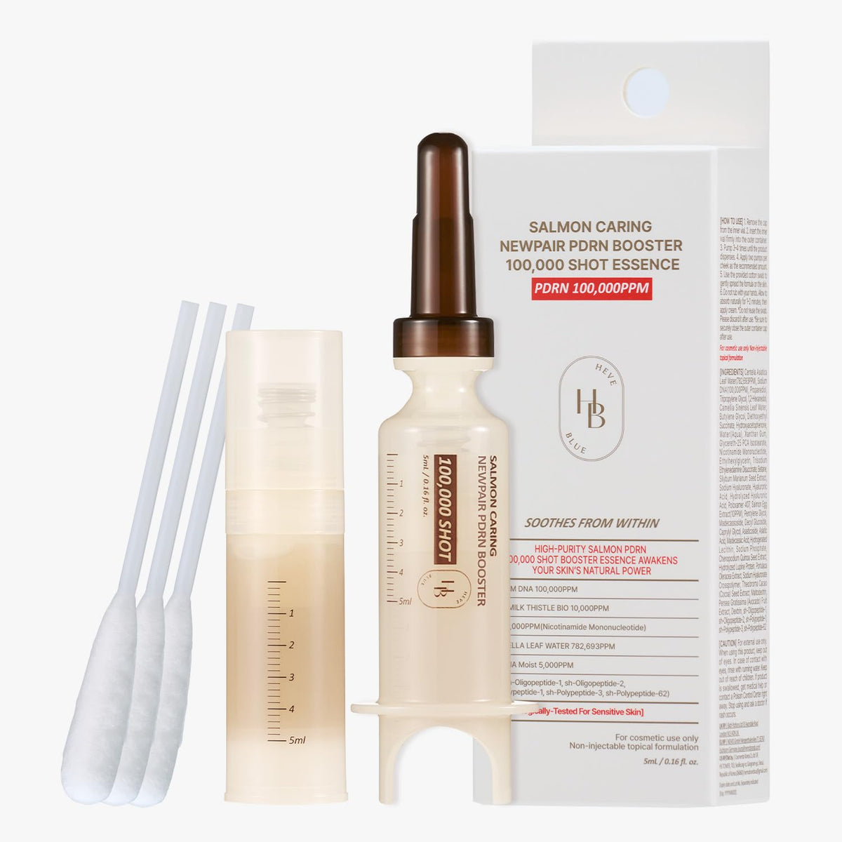 HEVEBLUE 100,000 Shot Essence dropper close-up highlighting glow.