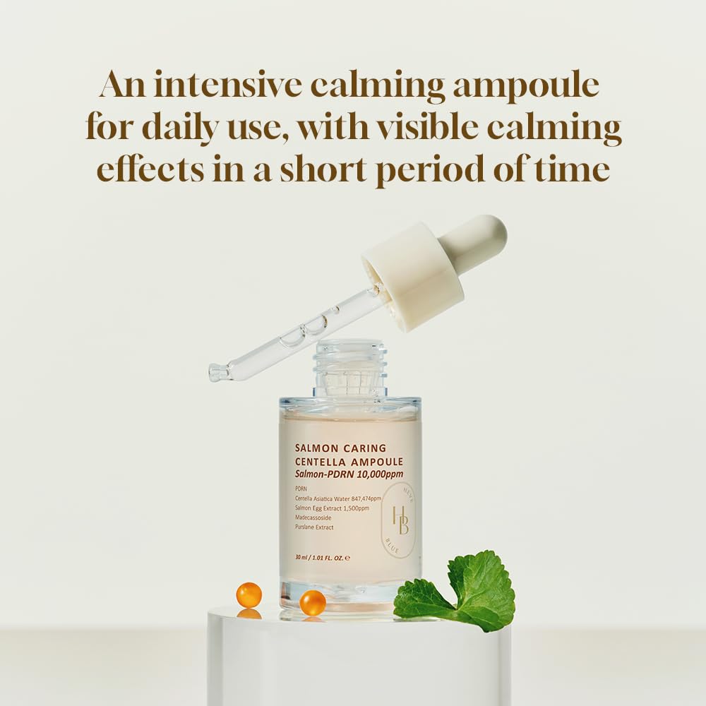 HEVEBLUE Salmon Caring Centella Ampoule being applied to skin demonstrates soothing, non-irritating feel