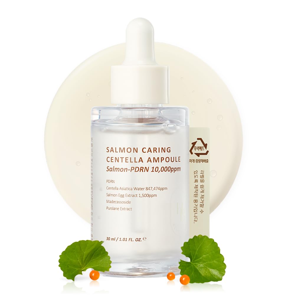 HEVEBLUE Salmon Caring Centella Ampoule bottle front highlights actives for sensitive skin