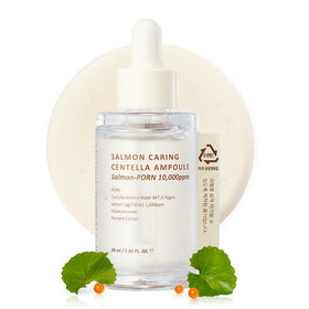 HEVEBLUE Salmon Caring Centella Ampoule bottle front highlights actives for sensitive skin