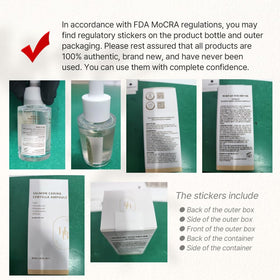 HEVEBLUE Salmon Caring Centella Ampoule ingredient panel shows high concentrations of centella and salmon extracts