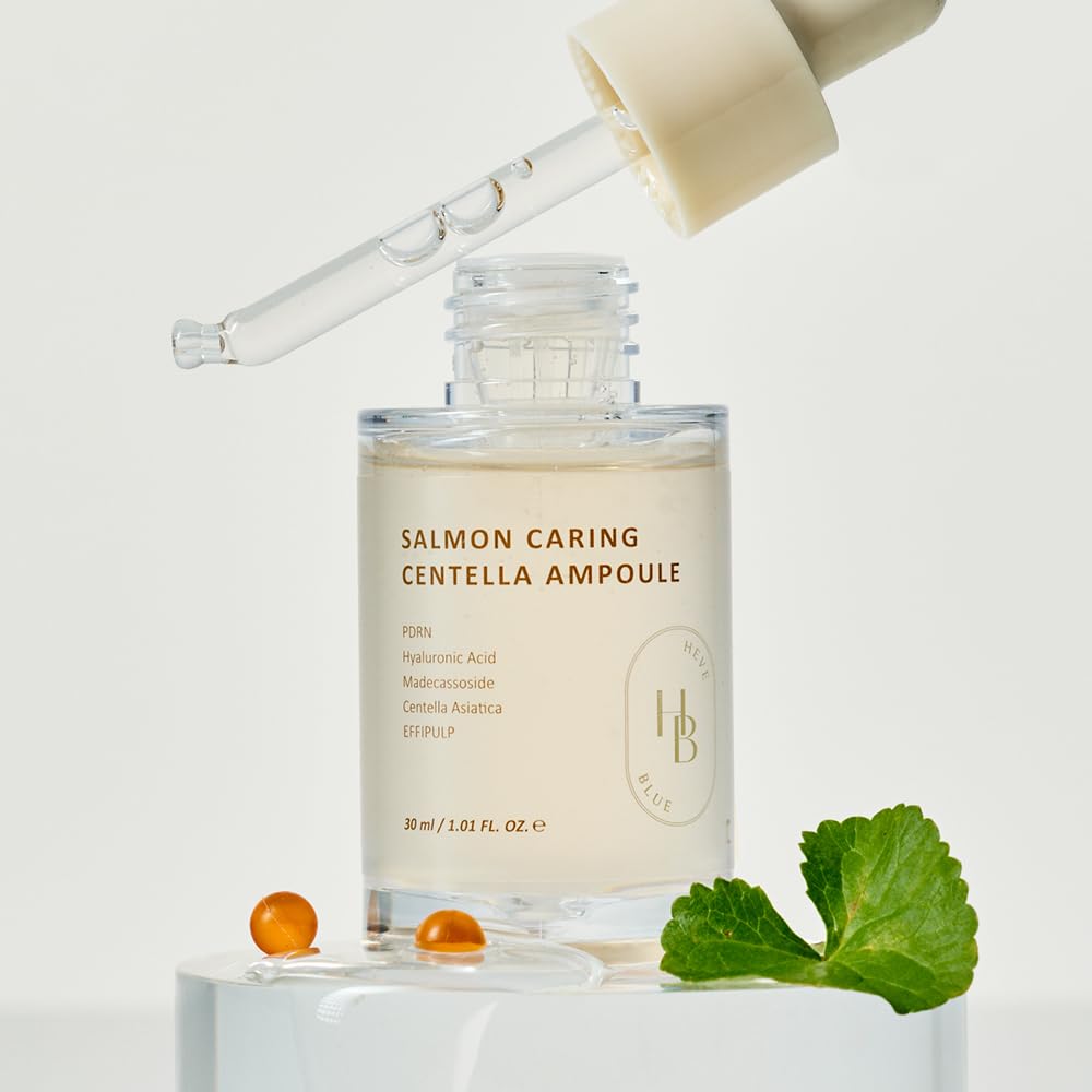 HEVEBLUE Salmon Caring Centella Ampoule label closeup emphasizes low irritation testing