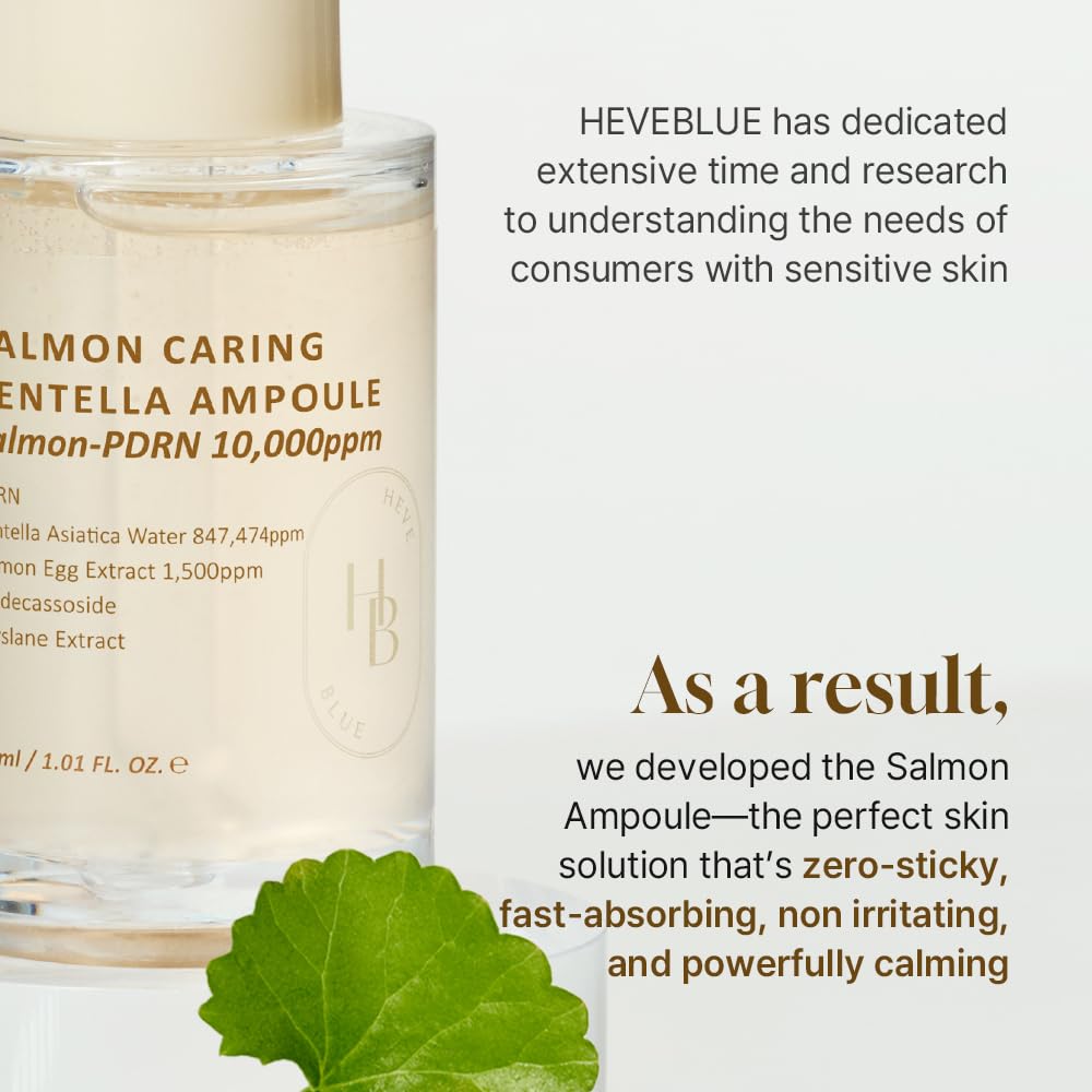 HEVEBLUE Salmon Caring Centella Ampoule packaging conveys premium Korean skincare