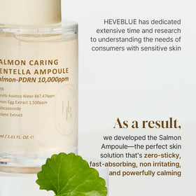 HEVEBLUE Salmon Caring Centella Ampoule packaging conveys premium Korean skincare