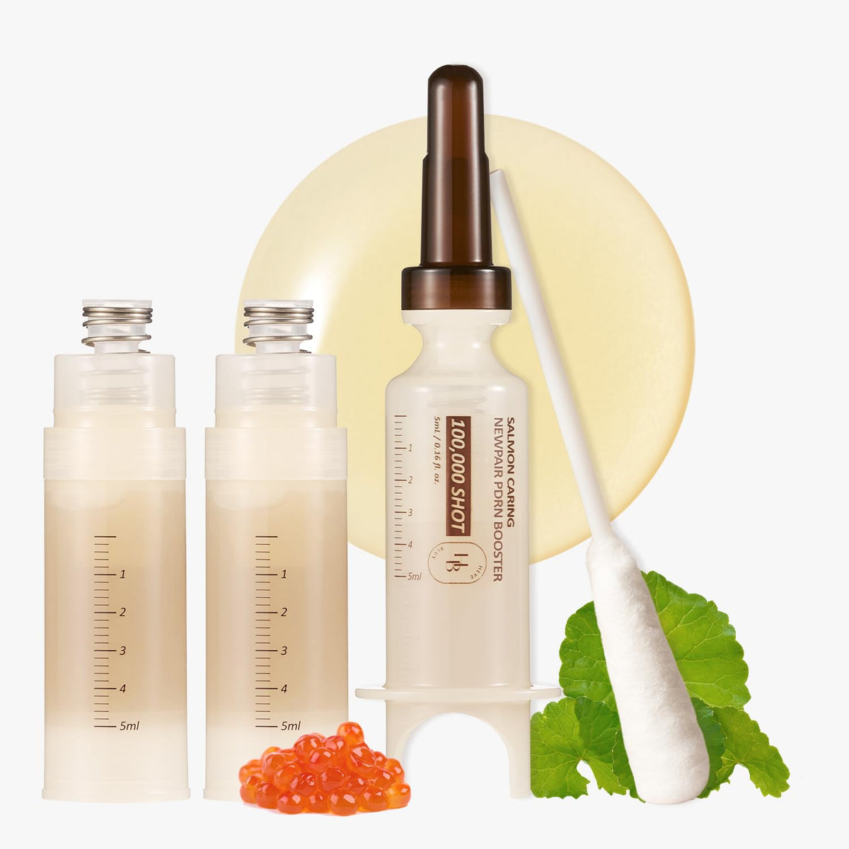 HEVEBLUE Salmon Caring Centella Booster bottle demonstrates gentle renewal support for skin.