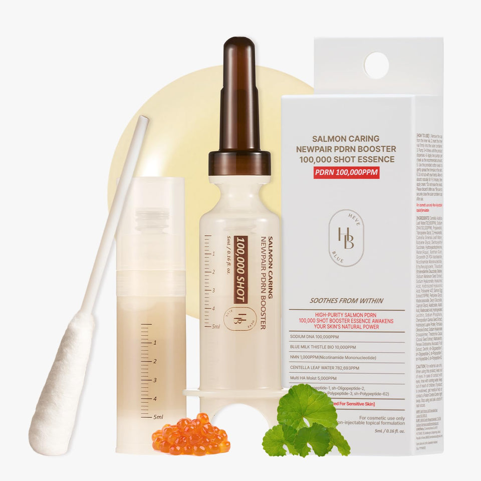 HEVEBLUE Salmon Caring Centella PDRN Booster bottle close-up for refined texture.